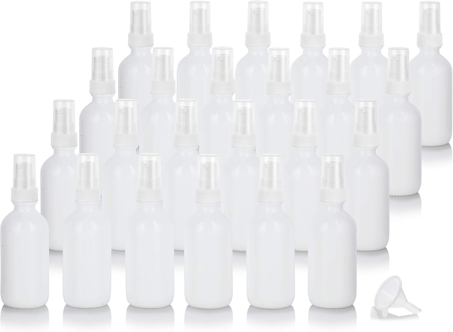JUVITUS 2 oz Opal White Glass Boston Round White Treatment Pump Empty Bottle Container (24 pack) + Funnel