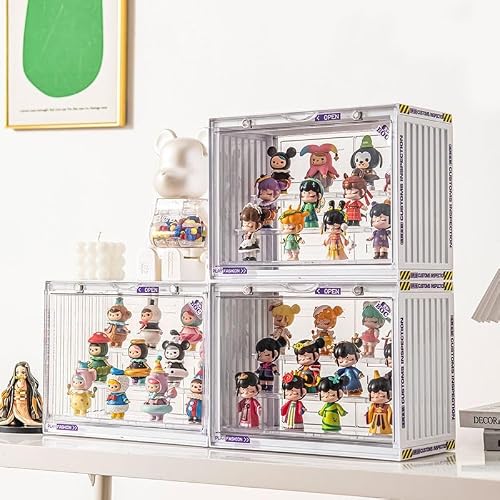 Clear Display Case for Figures, 3 Tier Adjustable Display Stand, Acrylic Display Box with Magnetic Door, Dustproof Showcase for Collectibles Mini Funko Pop Popmart Action Figures (Ivory-2 Pack)