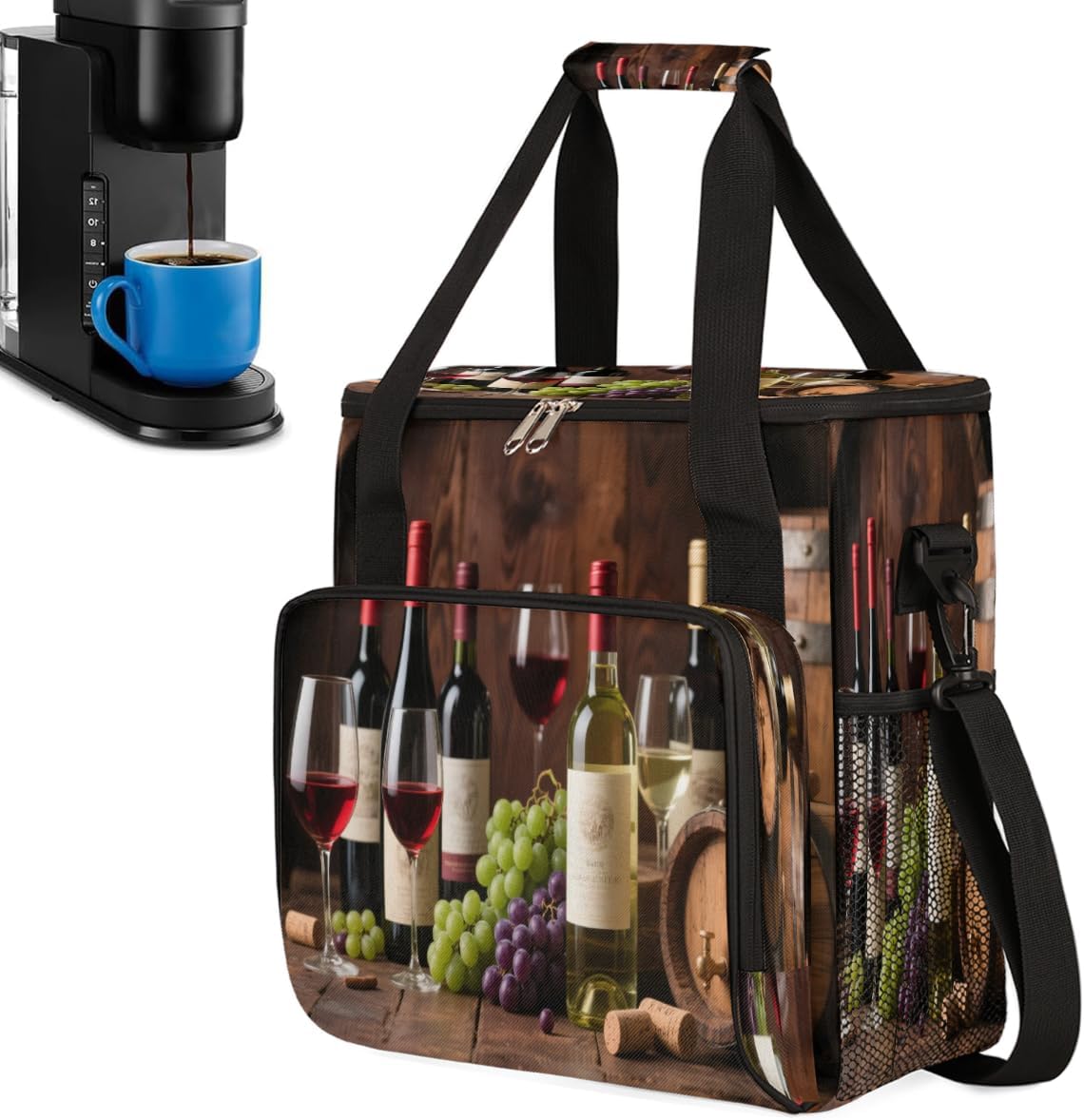 Wine Tasting Set Portable Coffee Maker Carrying Bag Compatible with Keurig K-Mini or K-Mini Plus - Travel Storage Tote with K-Cup Pod Pockets for Single Serve Coffee Brewer