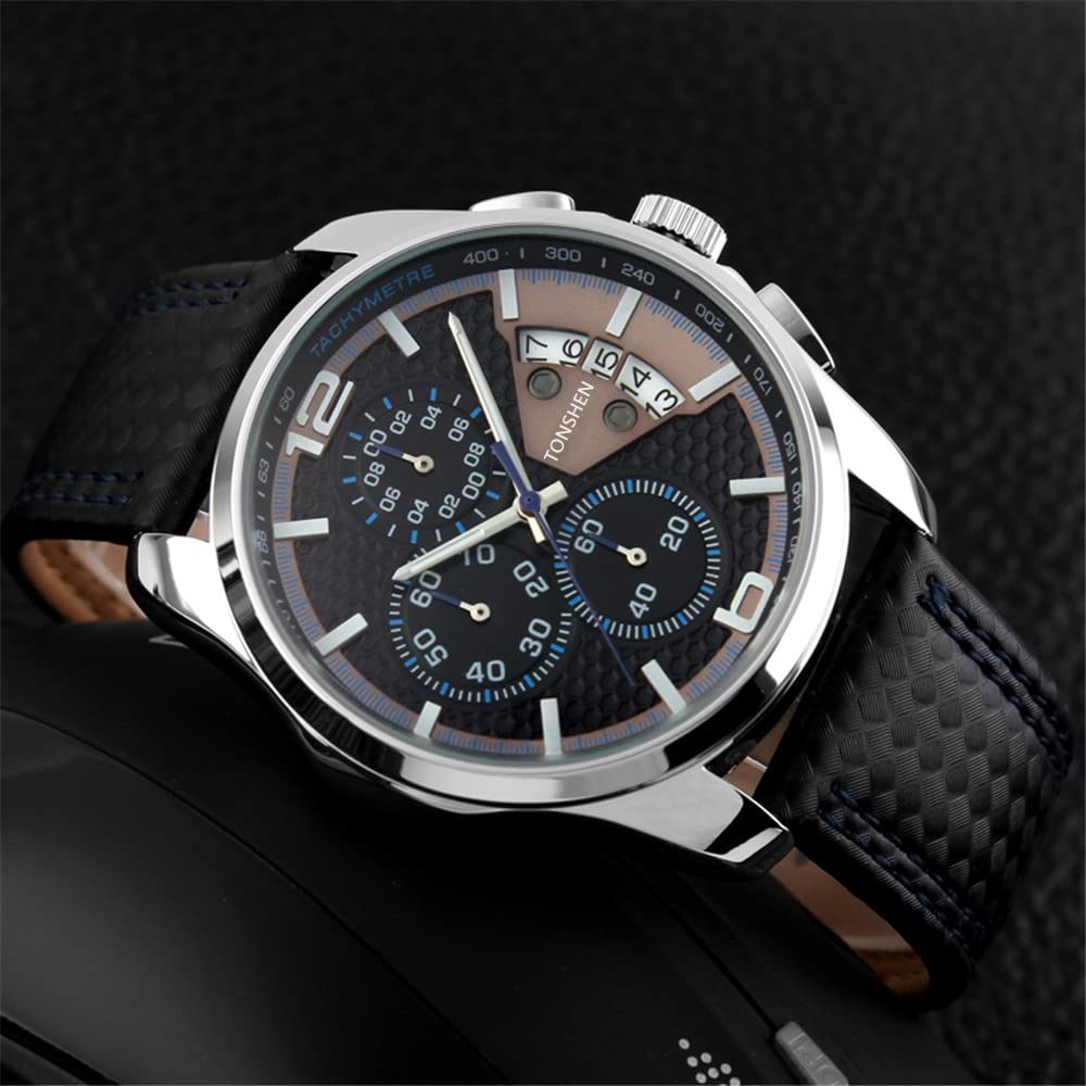TONSHEN Herrenuhr Sportuhr Analog Uhr Leder Band mit Edelstahl Lünette Quarz Uhr Mode Klein Zifferblatt Doppel Zeit Datum Armbanduhr Casual Business Uhren