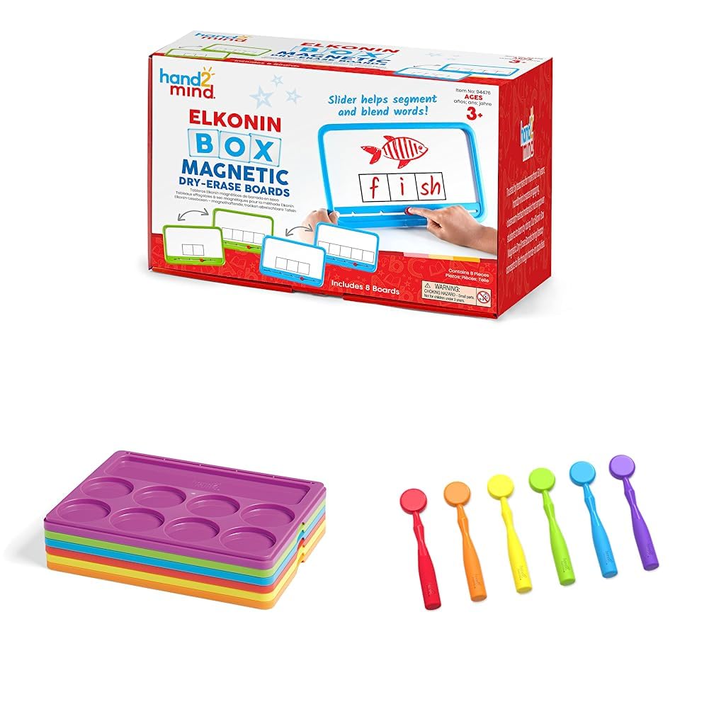 hand2mind Elkonin Boxes Magnetic Dry Erase Boards Set (Set of 8) & Little Minds at Work Sound Segmenting Trays by Tara West (Set of 6) & Magnetic Wands for Kids (Set of 6)