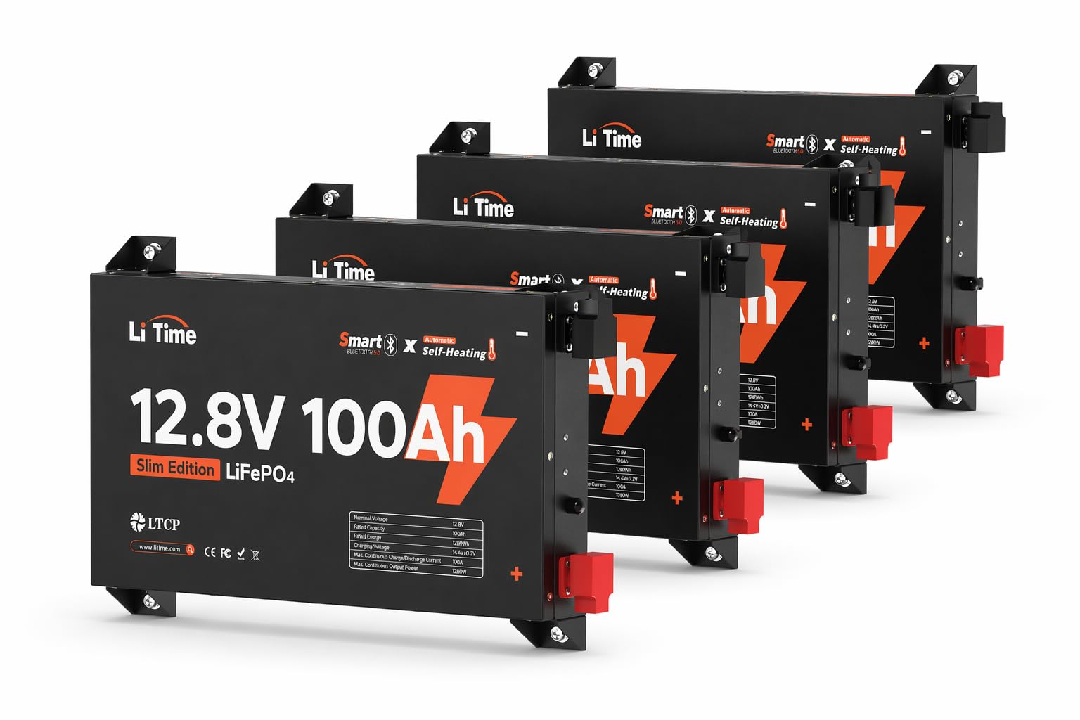 Litime 12V 100Ah Slim Self-Heating LiFePO4 Battery for RV Solar Truck-4Pack