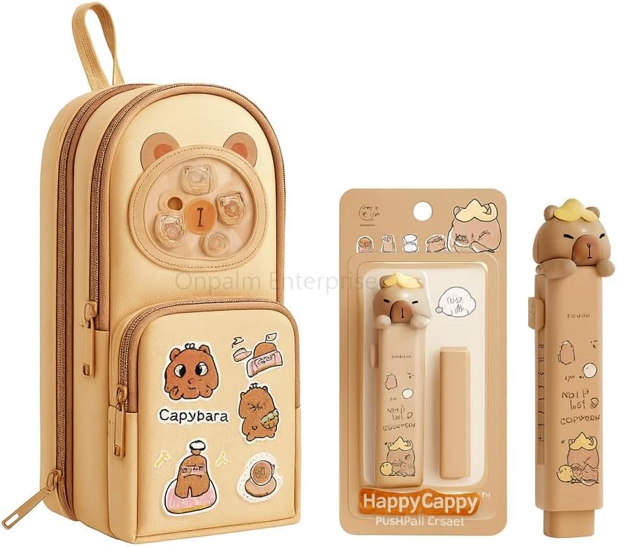 Pencil Pouch with Push Pull Eraser Set|Combo Kit for Kids, Boys & Girls|Stationery Bag with Eraser| Trendy Combo Gift Set|Zipper Case with|Gift for Boys & Girls (Standing Capybara + Eraser)