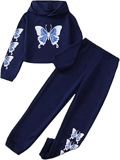 Butterfly Print 2-Piece Girls' Tracksuit: Crop Top Hoodie & Jogger Set