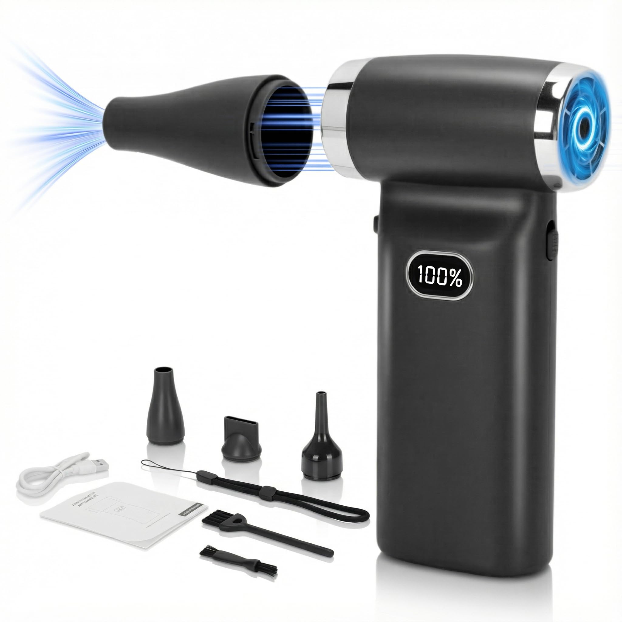 Air Duster - Ventilador de aire comprimido (11000 rpm, potente turboventilador, sin niveles, recargable, con indicador digital LED, para casa y coche)
