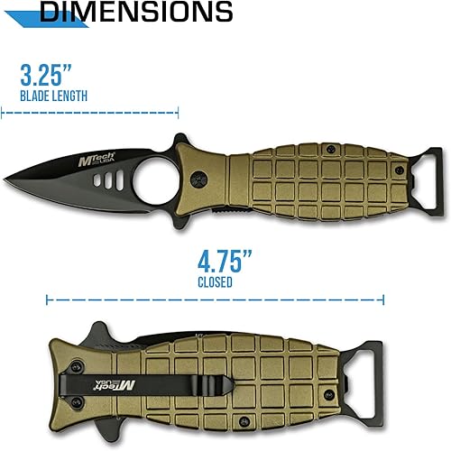 Miniatura 7 de MTECH USA Cuchillo plegable asistido por resorte - Hoja de acero inoxidable negro, mango estilo granada de aluminio verde con abrebotellas y clip de