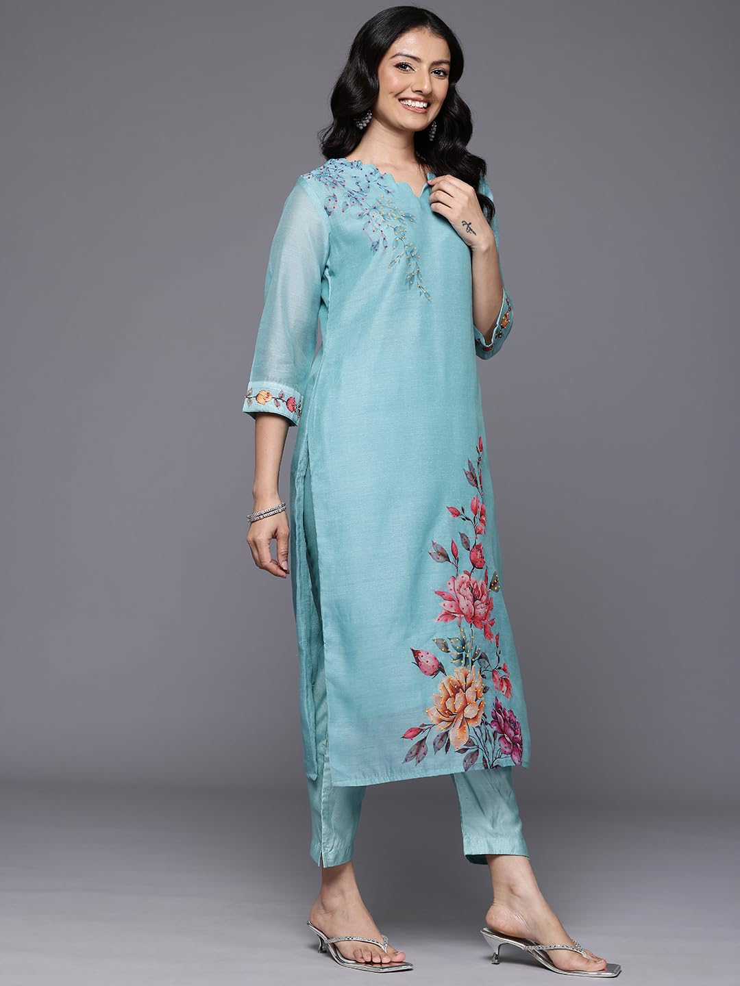 Varanga Women Blue Floral Printed Thread Embroidered Kurta Paired With Bottom And Dupatta