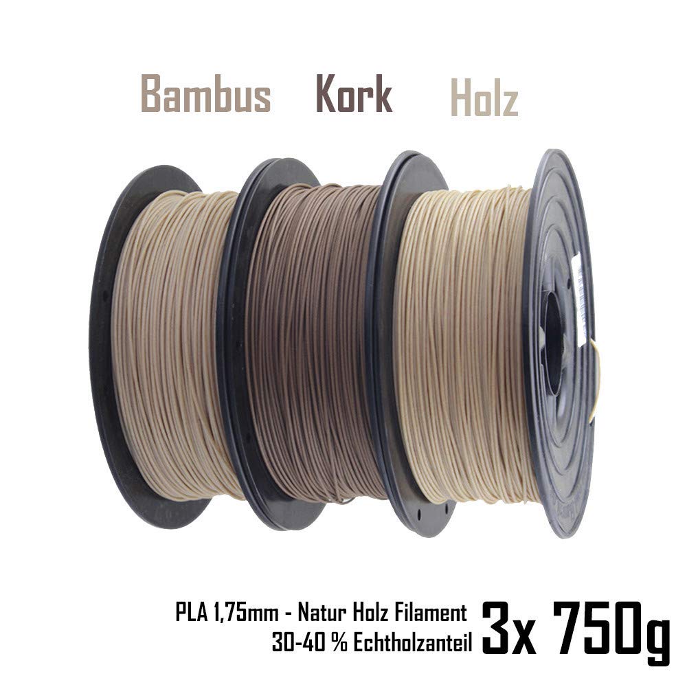PLA echt Holz 3D Filament 1,75mm SET / 3x 750g Rolle HOLZ/BAMBUS/KORK 3er Set (2,25Kg) für 3D Drucker oder Stift