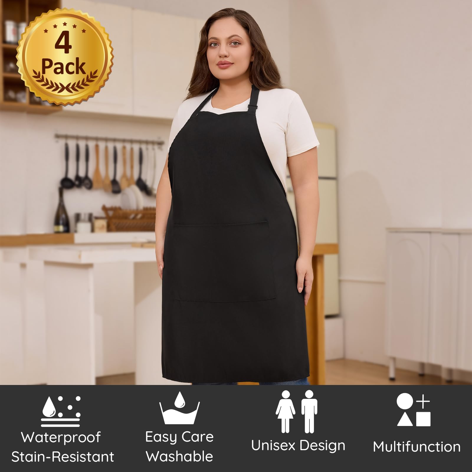 Lot de 4 tabliers noirs imperméables grande taille, 2 poches, homme femme