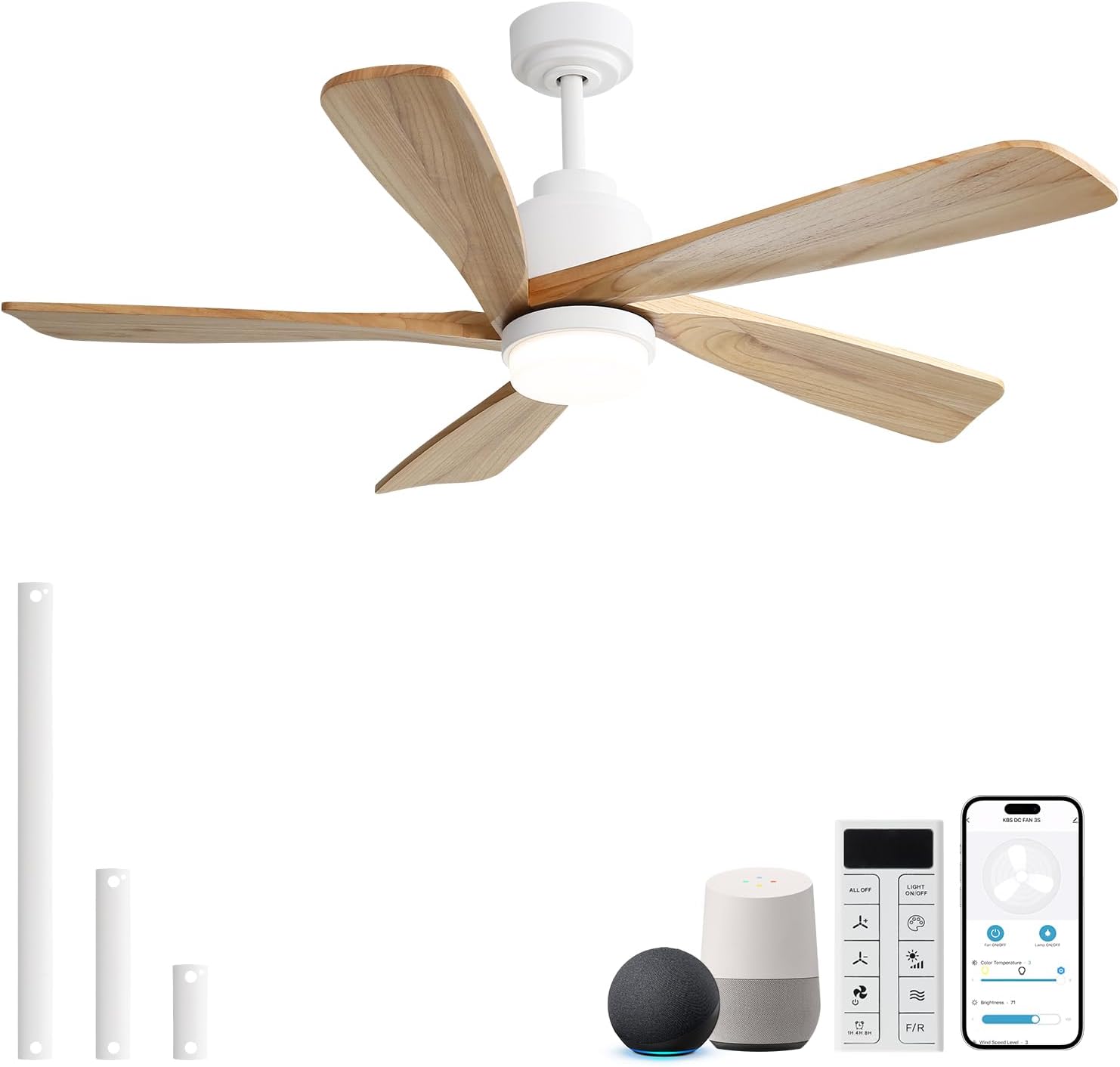 Sofucor 52 inch Ceiling Fan with Lights, Flush Mount Ceiling Fans with Lights and Remote, Compatible with Alexa/Google/App, Quiet DC Motor, 6-Speed Wood Ceiling Fan for Bedroom Living Room Patio