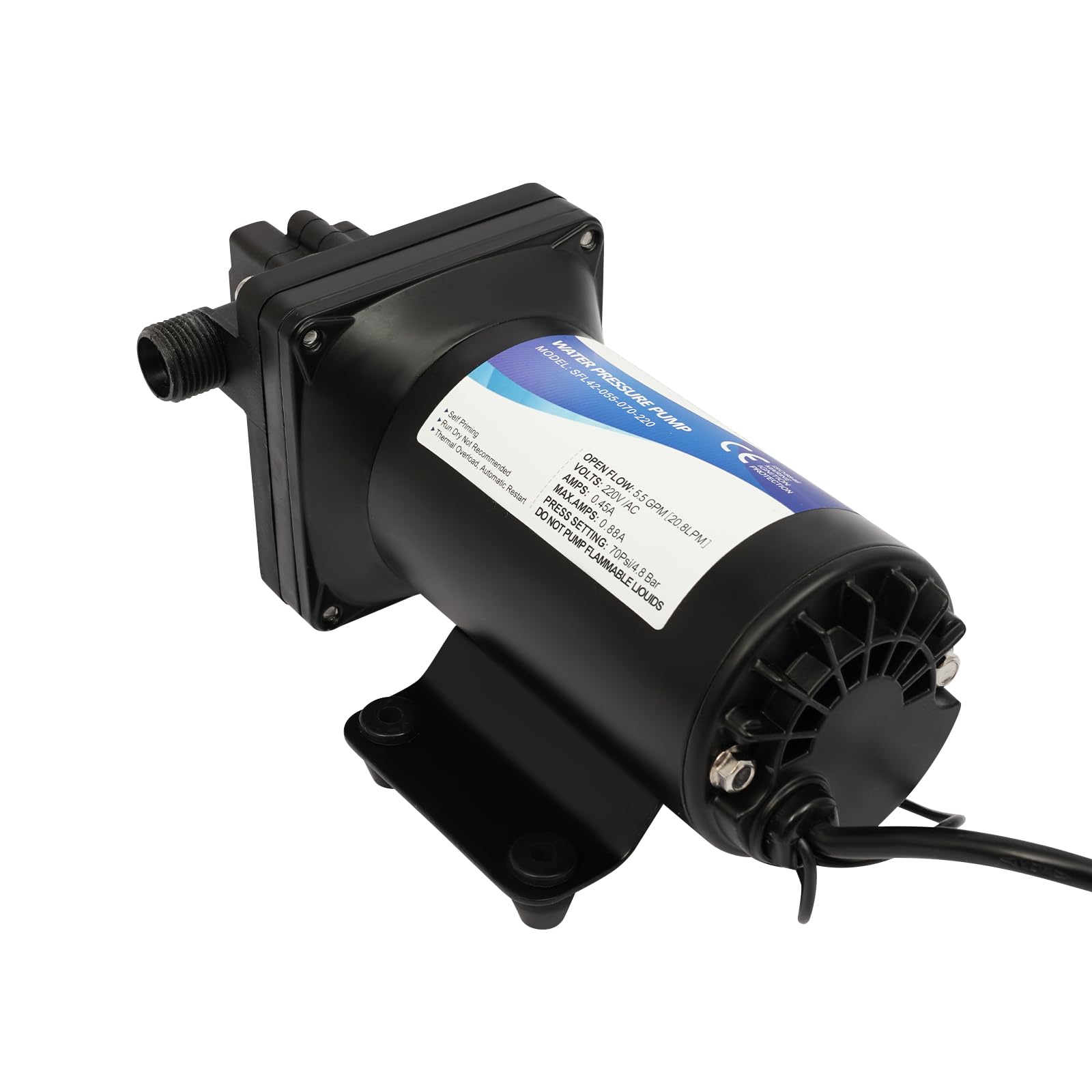 Membran-Druckpumpe 184 W, 20 l/min, Saughöhe 3 m, Förderhöhe 40 m, Druckwasserpumpe (2,4–5,6 kg), Ein-/Auslass φ20 mm (Außengewinde), Membranpumpe mit 1/2 Zoll Schlauchanschluss für Camping, Boote