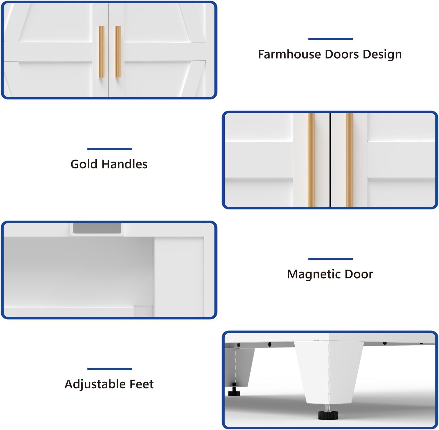 Close-up of farmhouse doors, gold handles, magnetic door mechanism, and adjustable feet