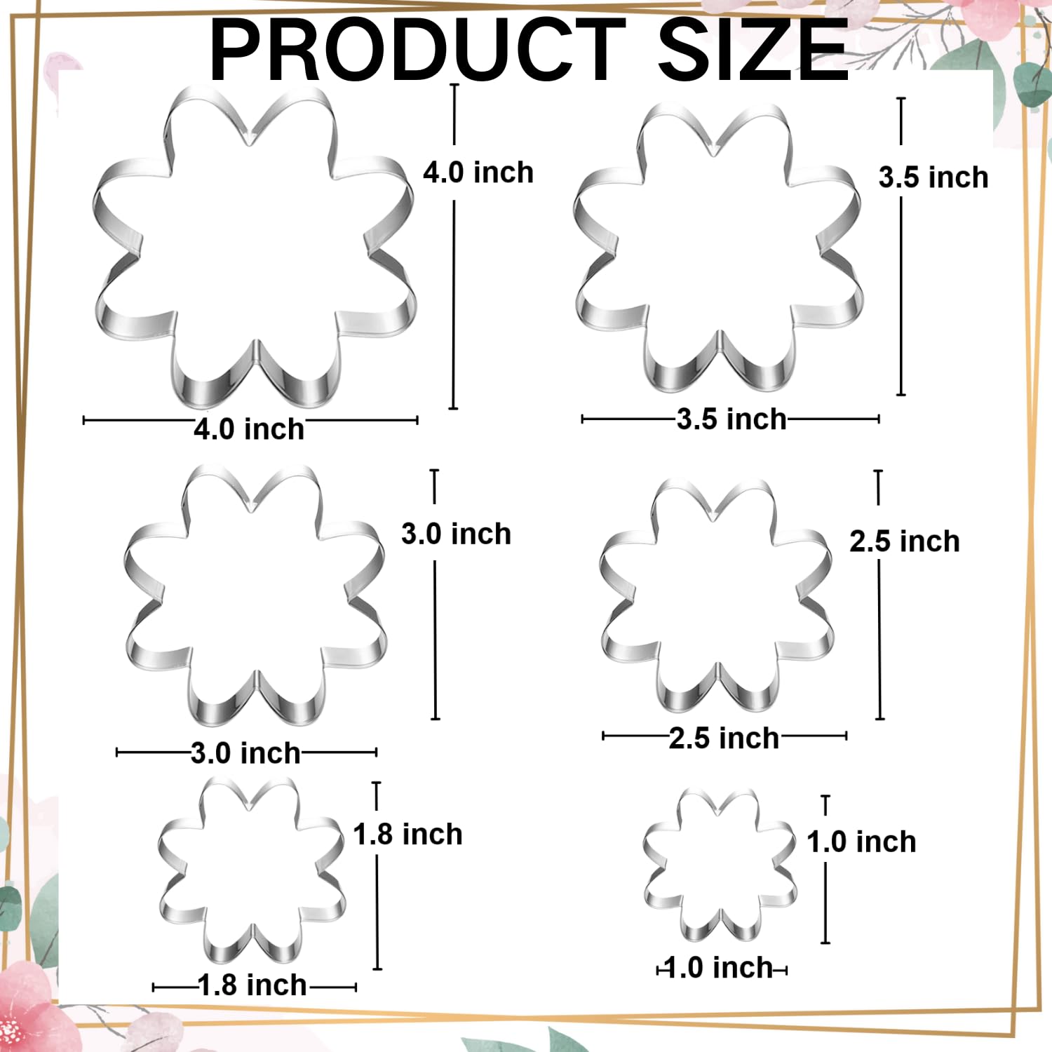 Juego de 6 cortadores de galletas de margaritas, 10,16 cm, 8,92 cm, 7,62 cm, 6,35 cm, 4,62 cm, 2,54 cm, aptos para lavavajillas, cortadores de galletas con flores para hornear
