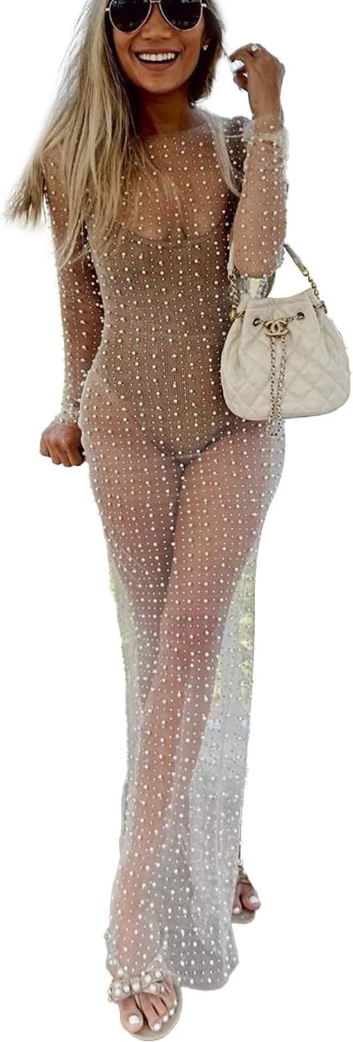 Ypser Pearl Mesh Rhinestone Cover Up See Through Mesh Maxi Dress Summer Beach Sheer Dress
