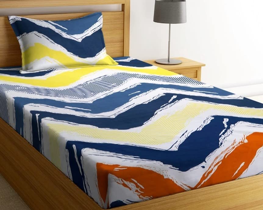 Image of NHD HOME Premium Cotton Printed Single Bedsheet with One Pillow Cover for Coat /Diwan / 4x6 Bed 180 Tc (150x225 cm, Yellow & Blue) बेडशीट