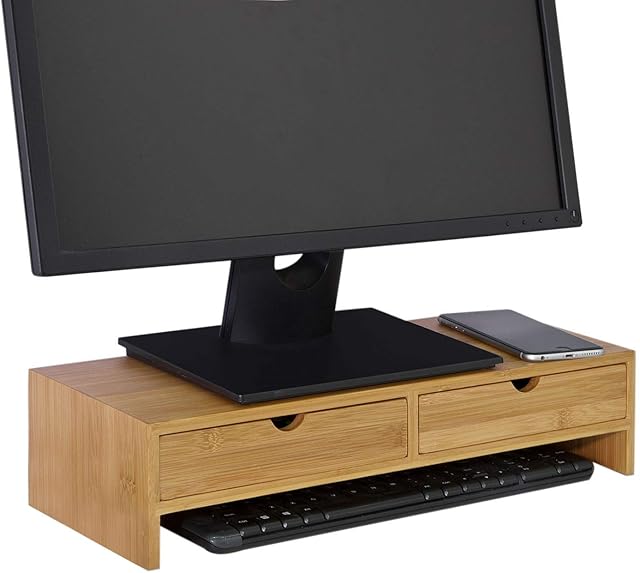 SoBuy® FRG198-N, Bamboo Monitor Stand Computer Screen Monitor Stand Monitor Riser Desk Organizer with 2 Drawers