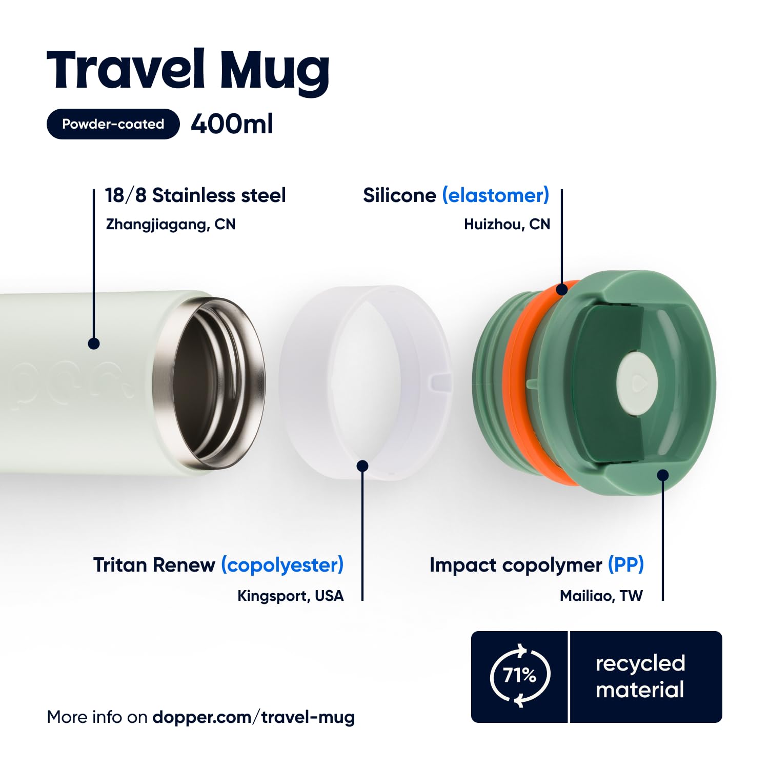 Dopper Mug de voyage isotherme 400 ml, vert forêt, anti-fuite, pour boissons gazeuses, 6h chaud/20h froid, 90 % acier inoxydable recyclé