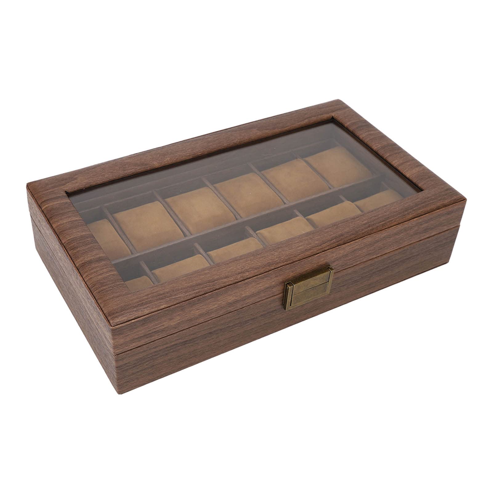 Uhrenbox-Organizer mit 12 Fächern, luxuriöser Uhrenausstellungsbox in Holzmaserung mit ultraglattem PU-Leder-Innenfutter für Herren und Damen, kratzfeste Aufbewahrungsbox für Uhren