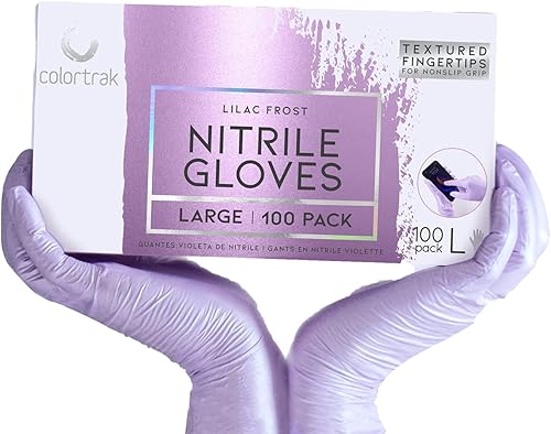 Colortrak Luminous Collection - Guantes desechables de nitrilo color lila, sin látex, puntas de dedos texturizadas