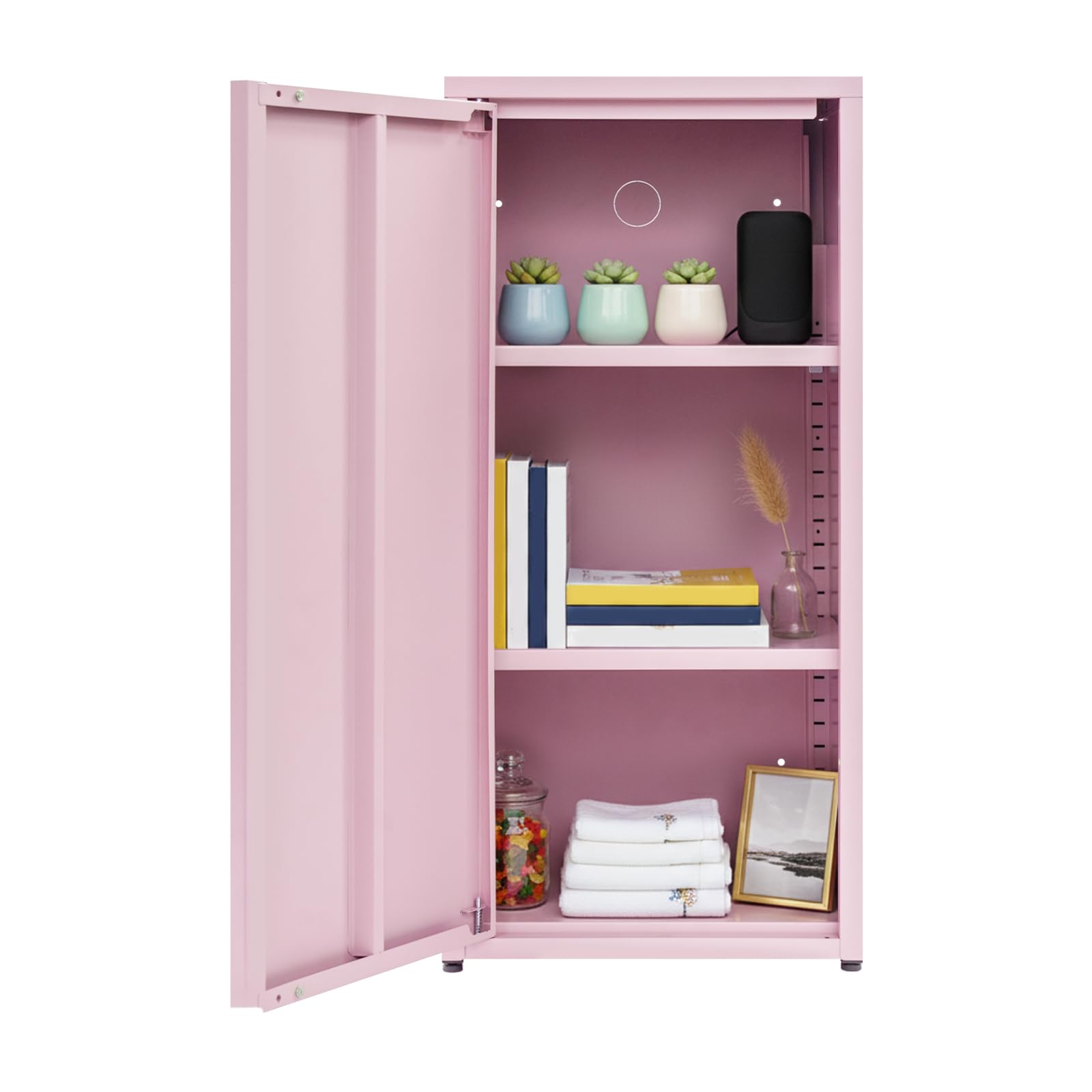Archivador de metal con puerta individual, armario de almacenamiento con 2 estantes ajustables en altura, taquilla de metal resistente para oficina, escuela, salón, 40 x 35 x 88 cm (rosa)