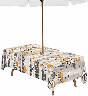 QueenKer Outdoor Tablecloth with Umbrella Hole and Zipper 60 x 120 Inch Brown Leaves Gray Forest Watercolor Rectangular Table Cover Waterproof Tabletop Collection for Patio Garden Picnic Camping