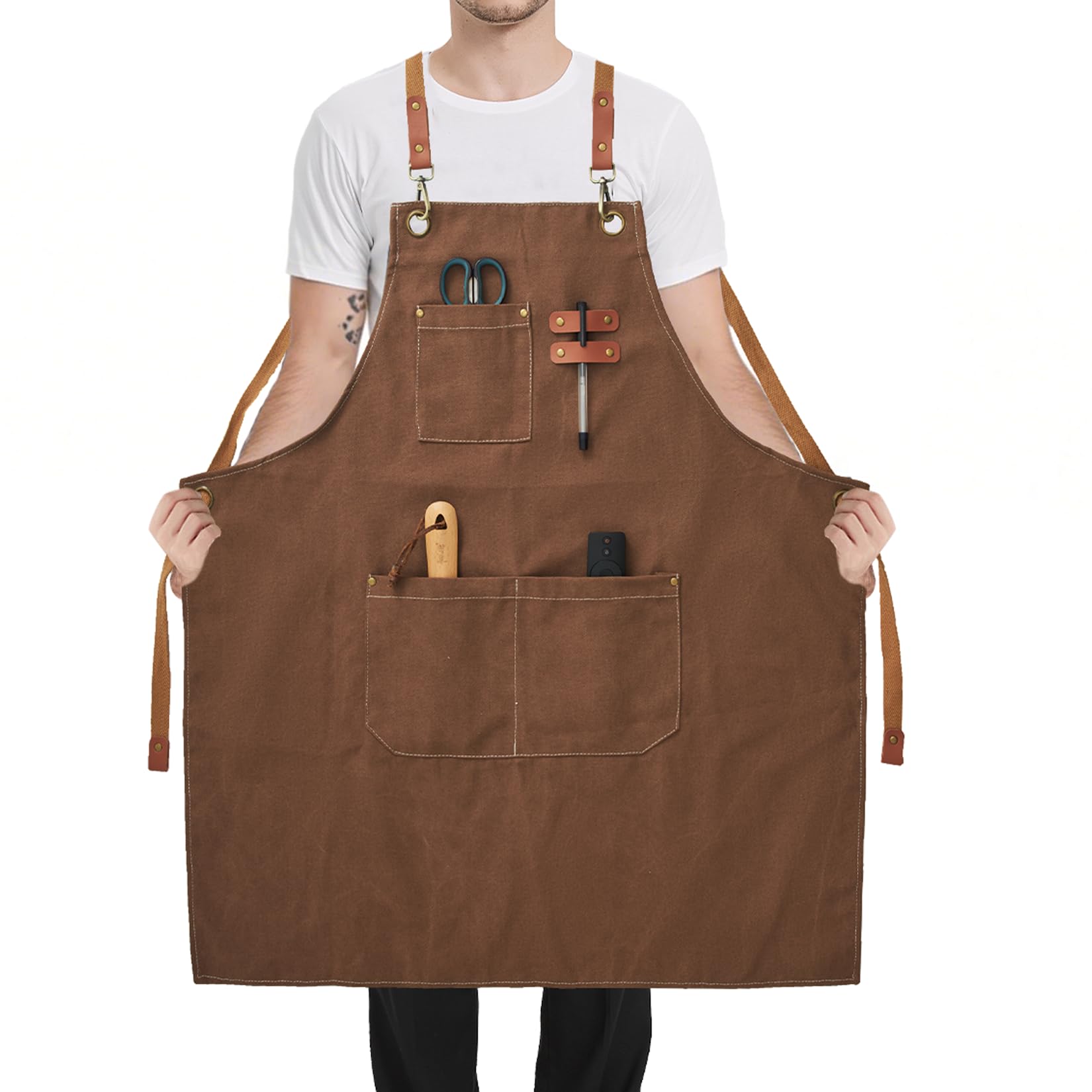 FunChaos Plus Size Canvas Aprons, Kitchen Chef Aprons, Heavy Duty Work Bib Aprons for Men Women, Adjustable Cross Back Strap Aprons with Large Pockets for Cooking Gardening BBQ, Brown