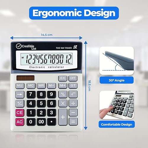 Miniatura 4 de Calculadora grande con pantalla de 12 dígitos, pantalla en ángulo de ojo, botones grandes y fuente de alimentación dual para uso doméstico y de