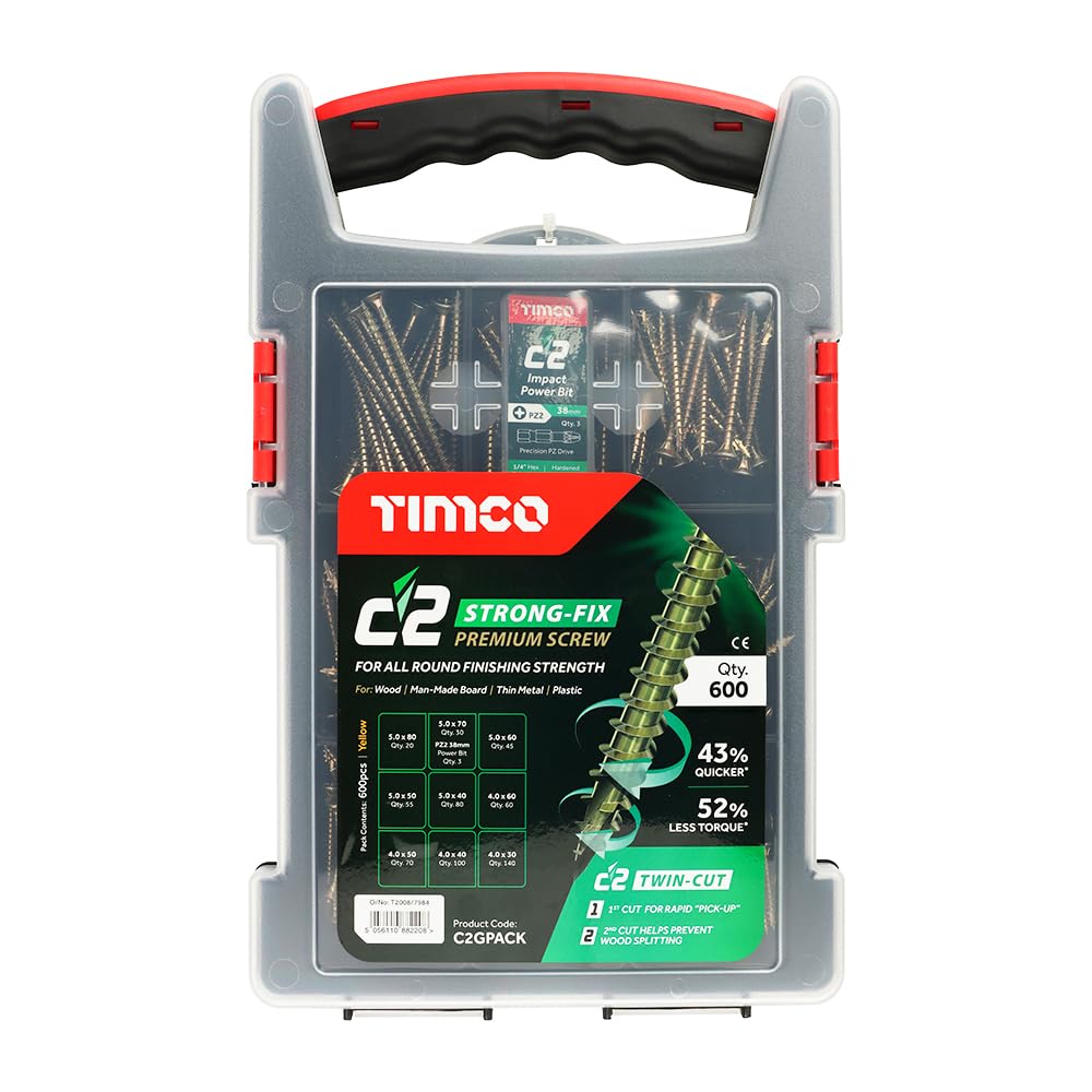 TIMCO - C2 Strong-Fix Multi-Purpose Premium Screws - Mixed Grab Pack - PZ - Double Countersunk - Yellow - 600 Pieces