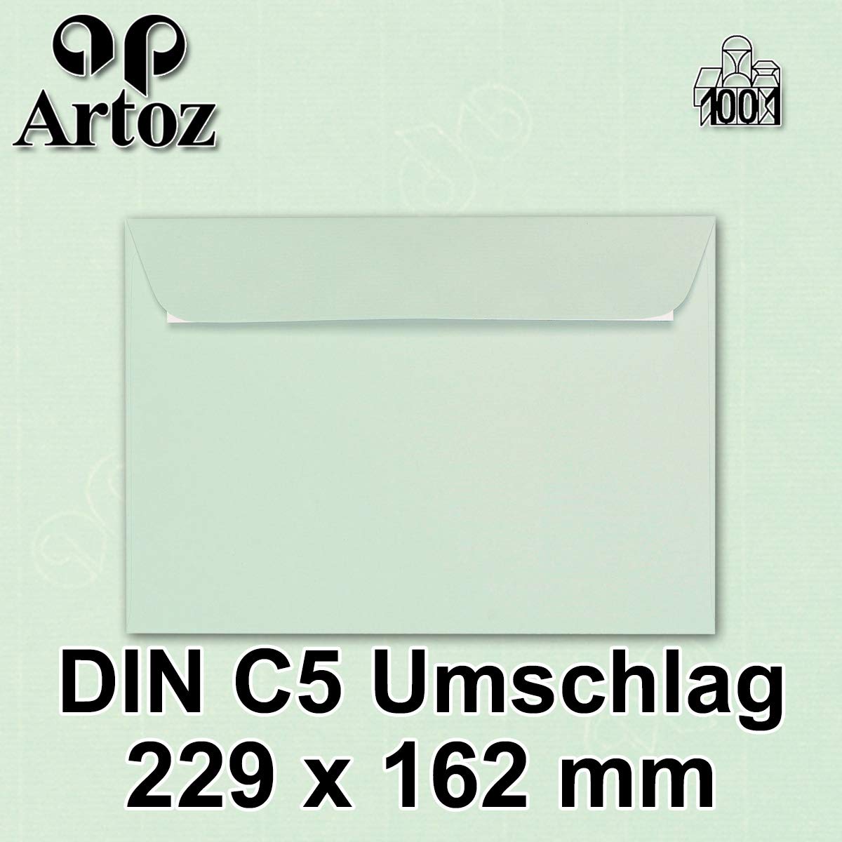 ARTOZ 150 x koperty DIN C5 zielone (miętowe) – 229 x 162 mm, koperta bez okienka – koperty samoprzylepne – seria ARTOZ 1001