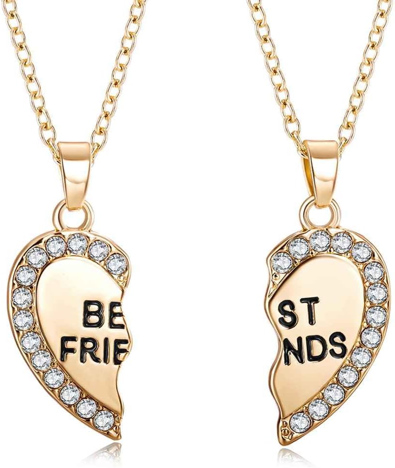 Bobury 2pcs Per Set Heart Rhinestone Best Friends Engraved Pendant Friendship Necklace