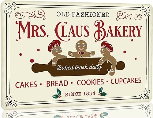 Letrero de lata de metal vintage con texto en inglés «Mrs Claus Bakery Baked Fresh Daily Cakes», decoración de pared de Navidad para cocina, granja,