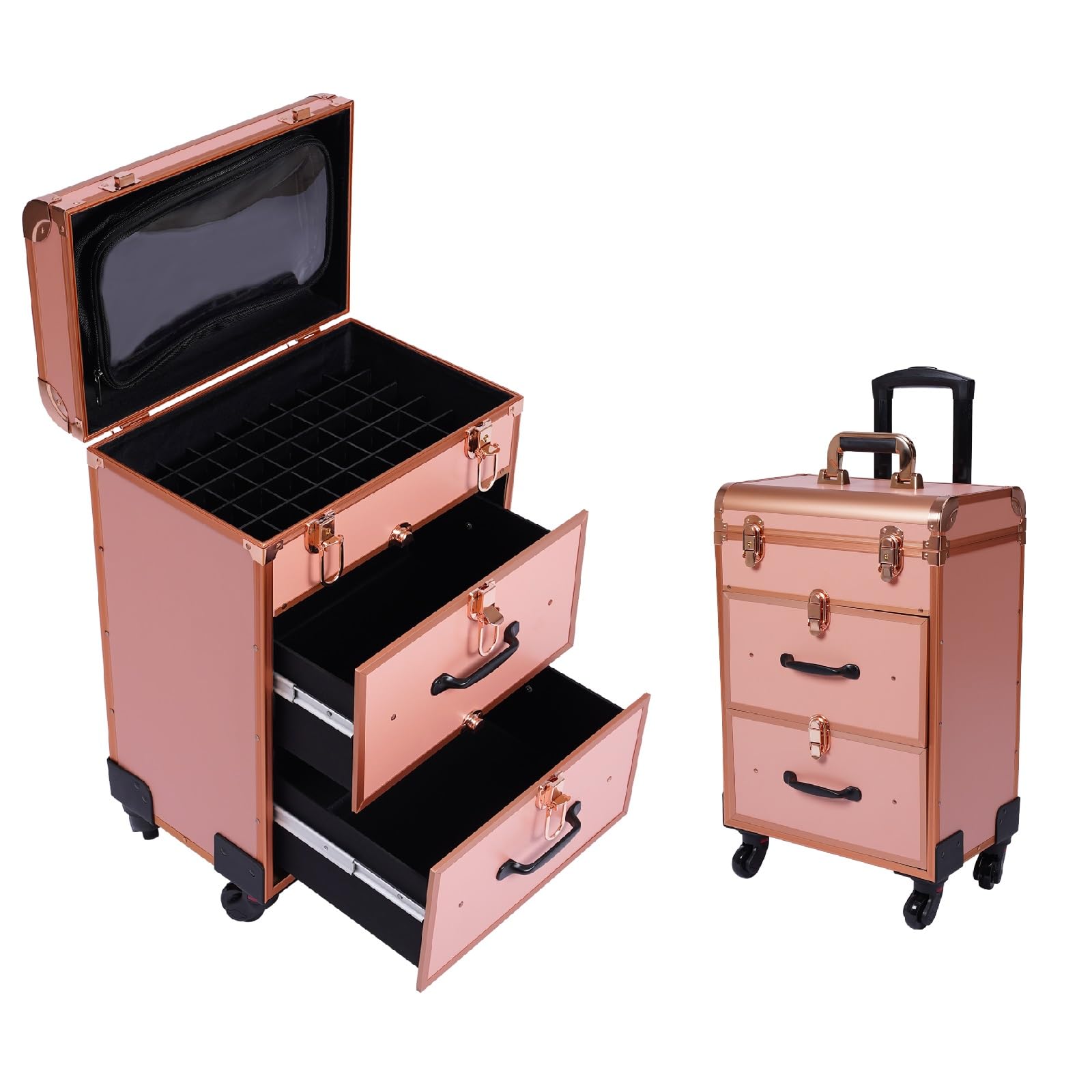 3-Tier Rolling Makeup Train Case with 2 Drawers, Professional Nail Polish Cosmetic Organizer Traveling Cart with 50 Small Compartments,Portable Makeup Trolley Cart,Lockable (Gold)