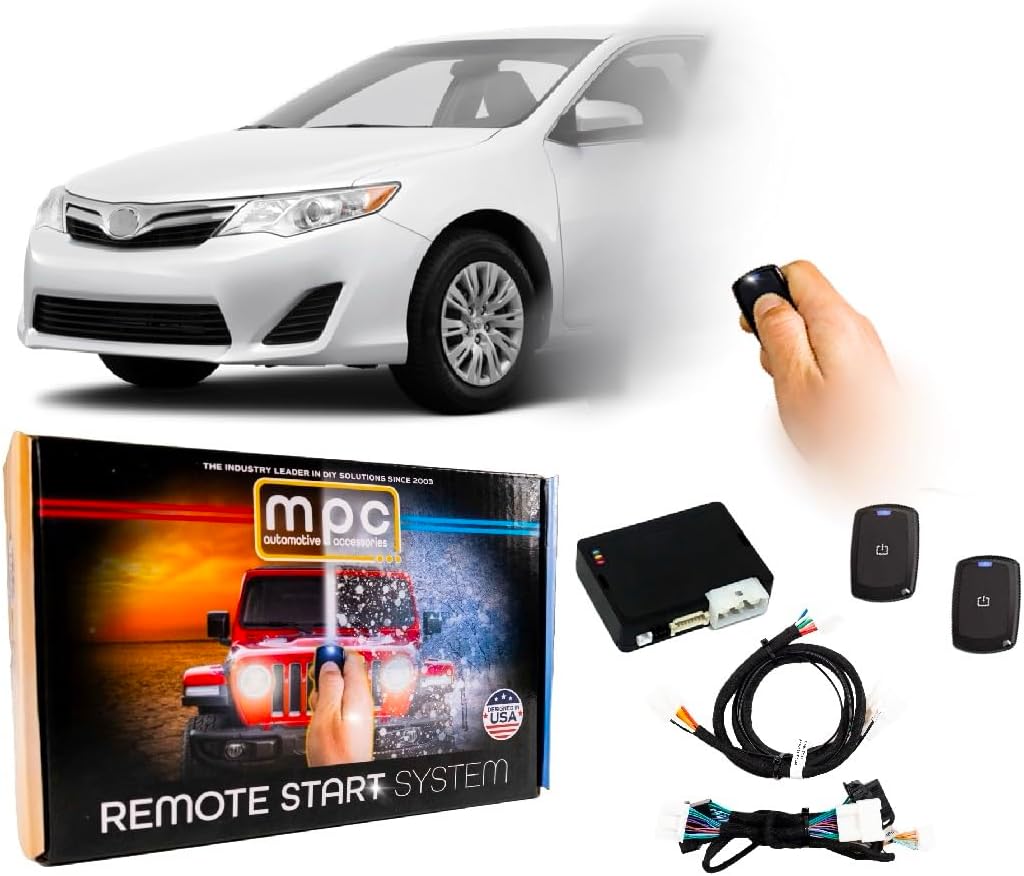 Image showing the MPC remote start kit components: a white Toyota Camry, a remote control in a hand, the product box, the main module, two 1-button remotes, and wiring harnesses.