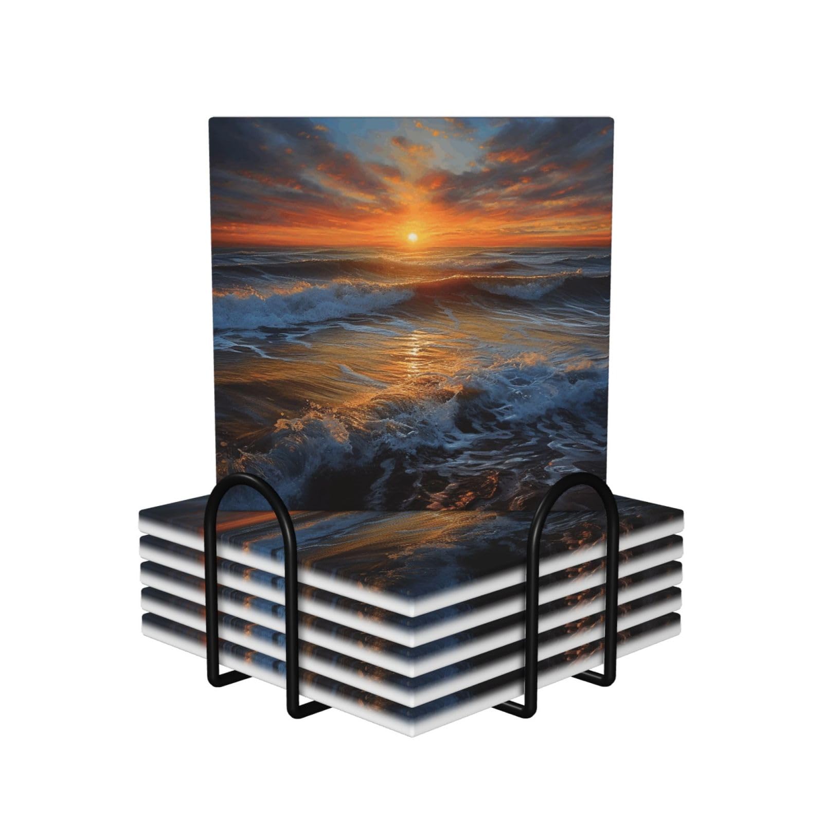 6Pcs Ceramics Coaster for Drinks, Sunset Seascape Cup Coasters with Holder, Aesthetic Drink Coasters for Coffee Table, Absorbent Round Coaster for Tabletop Protection 4" Cup Mat Pad
