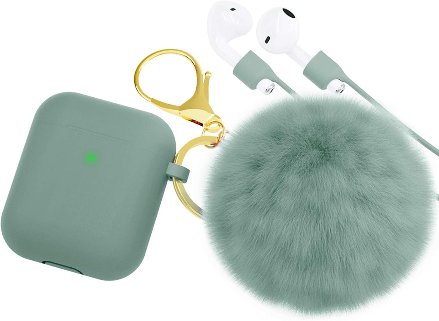 BRG for AirPods Case,Soft Cute Silicone Cover for Apple Airpods 2 & 1 Cases with Pom Pom Fur Ball Keychain/Strap/Accessories for Women Girls (Front LED Visible) Pine Green