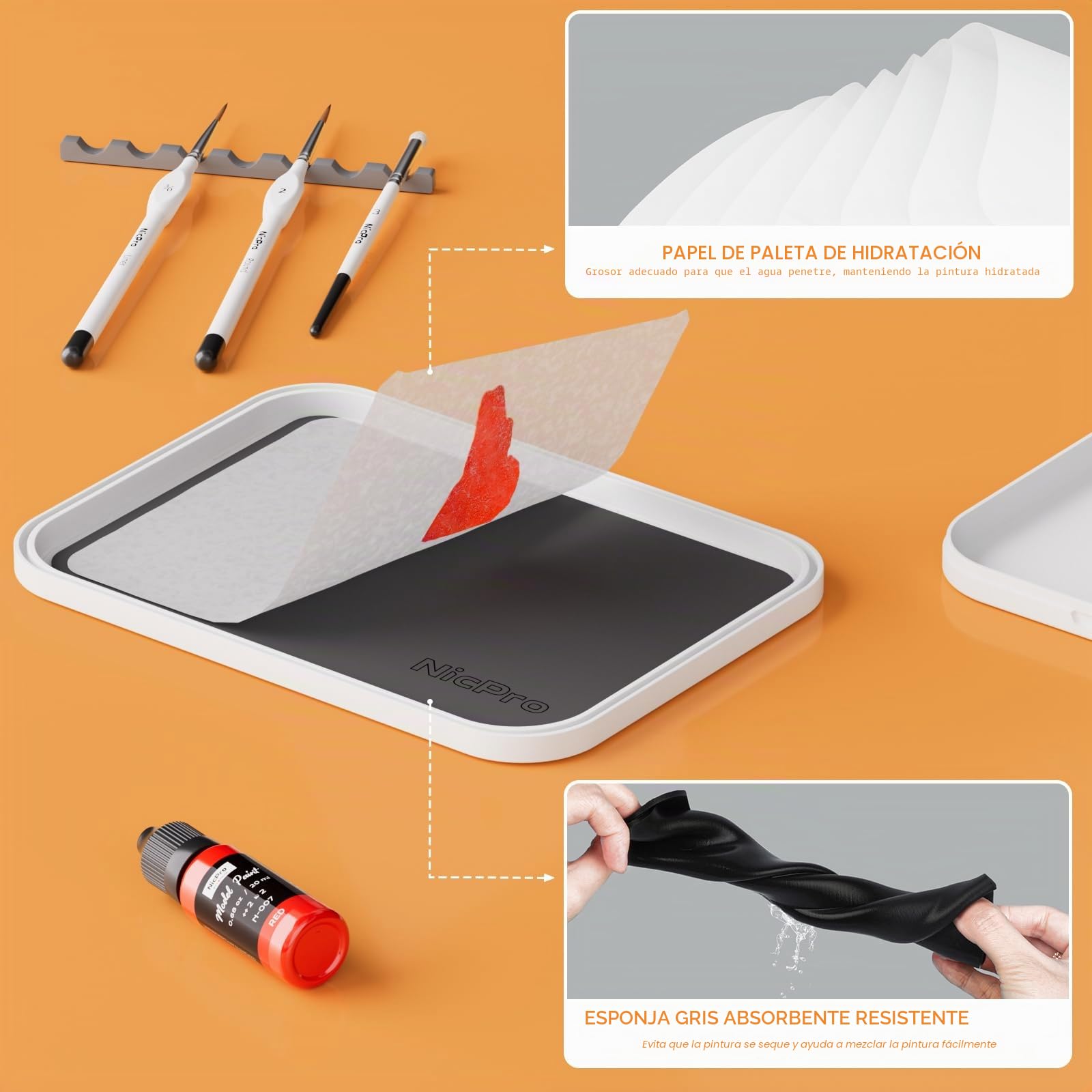 Nicpro Set de Pintura con Paleta Pintura, 11 Pinceles miniaturas, Pincel seco, 100 Papel de Paleta humeda, 4 esponjas, portapinceles, para Mezclar y Ahorrar Pintura, para Pintar miniaturas
