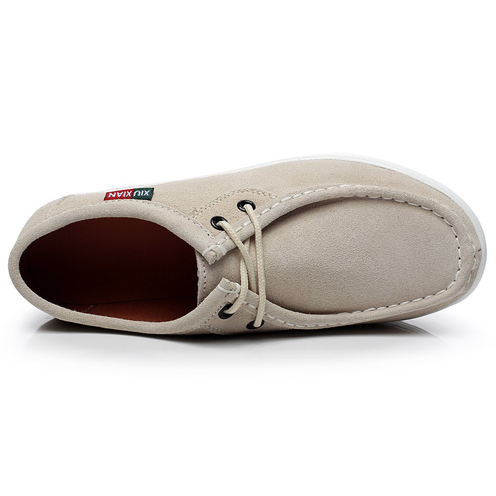 rismart Mujer Plataforma Calzo Aptitud para Caminar Beige Ante Cuero Entrenadores Zapatos