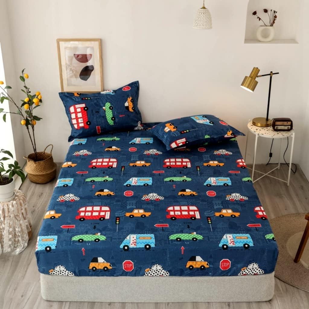 Kids Fitted Sheet Boys Cute Cartoon Cars Bed Sheet Set King for Children Toddler Bedroom Decor Lovely Vehicle Car Bedding Set Soft Bright Blue Bed Cover with 2 Pillow Case (Flat Sheet Not Included)