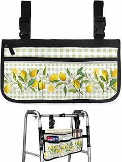 Summer Lemon Wheelchair Side Bag Walker Bag, Farmhouse Light Green Checkered Wheelchair Accessories Armrest Pouch, Organizer Storage Bag for Walkers, Rollators, Scooters, 7.3'x13'