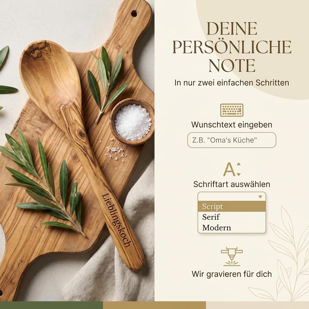 Kochlöffel personalisiert, Olivenholz - Handgemachter Holzkochlöffel mit Gravur als individuelles Geschenk