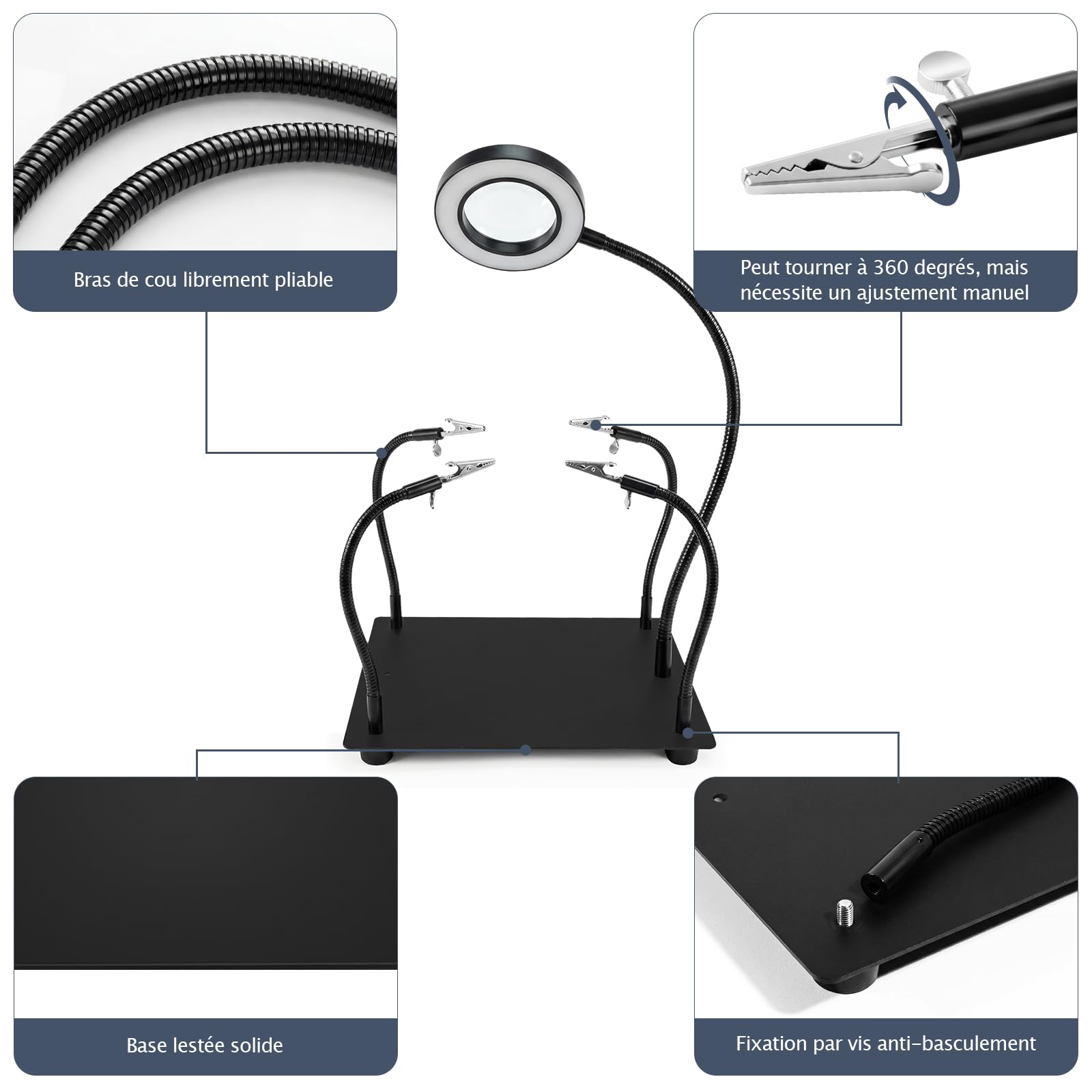 Troisième Main Soudure 6X Loupe LED Lampe 4 Bras Flexibles Support Circuit Imprimé Station de Soudage pour Bijoutier Electronicien Bricolage