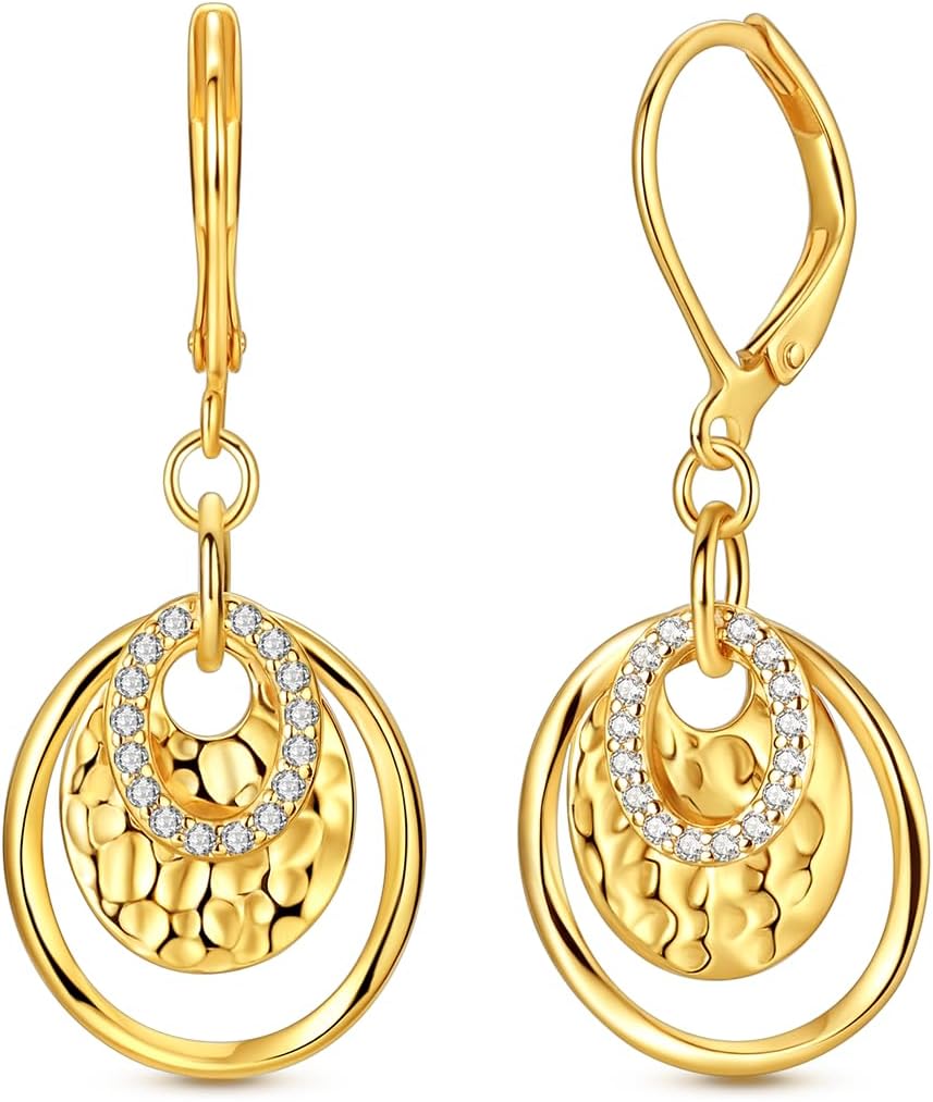 Parmuz Gold Plated Dangle Earrings Hypoallergenic Sterling Silver Handmade Lightweight Hammered Teardrop Circle Coin Disc Leverback Boho Drop Earrings Set Gift for Women