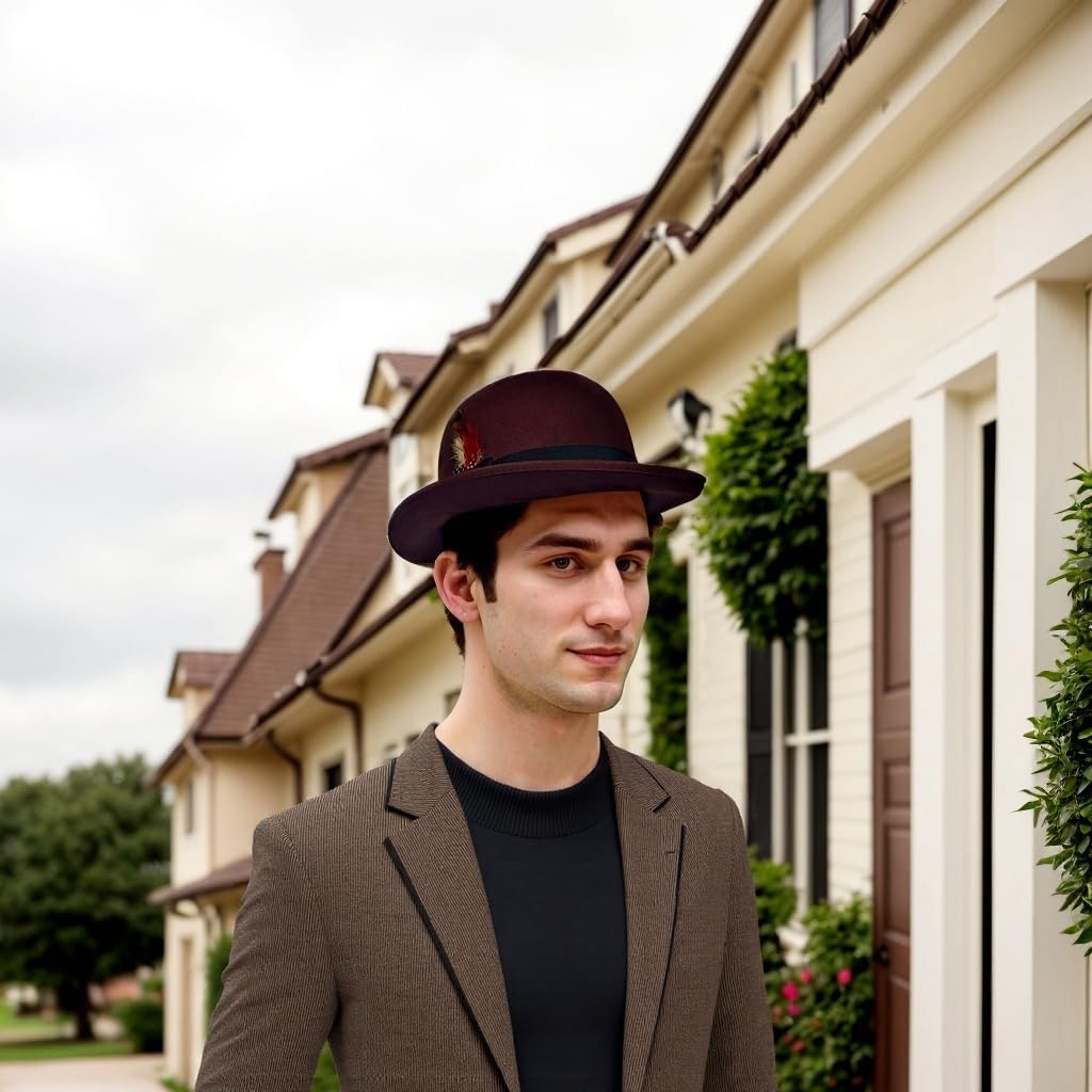 Classic Fedora Hat with Feather Bowler Dome Hard Faux Woolen Top Hat for Men Women - Image 7
