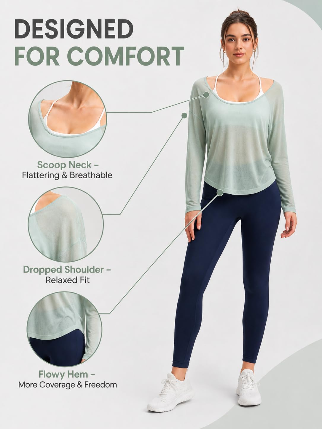 Women's Loose Fitting Workout Tops, Long Sleeve Sheer Mesh Active Tops for Yoga Pilates Fitness