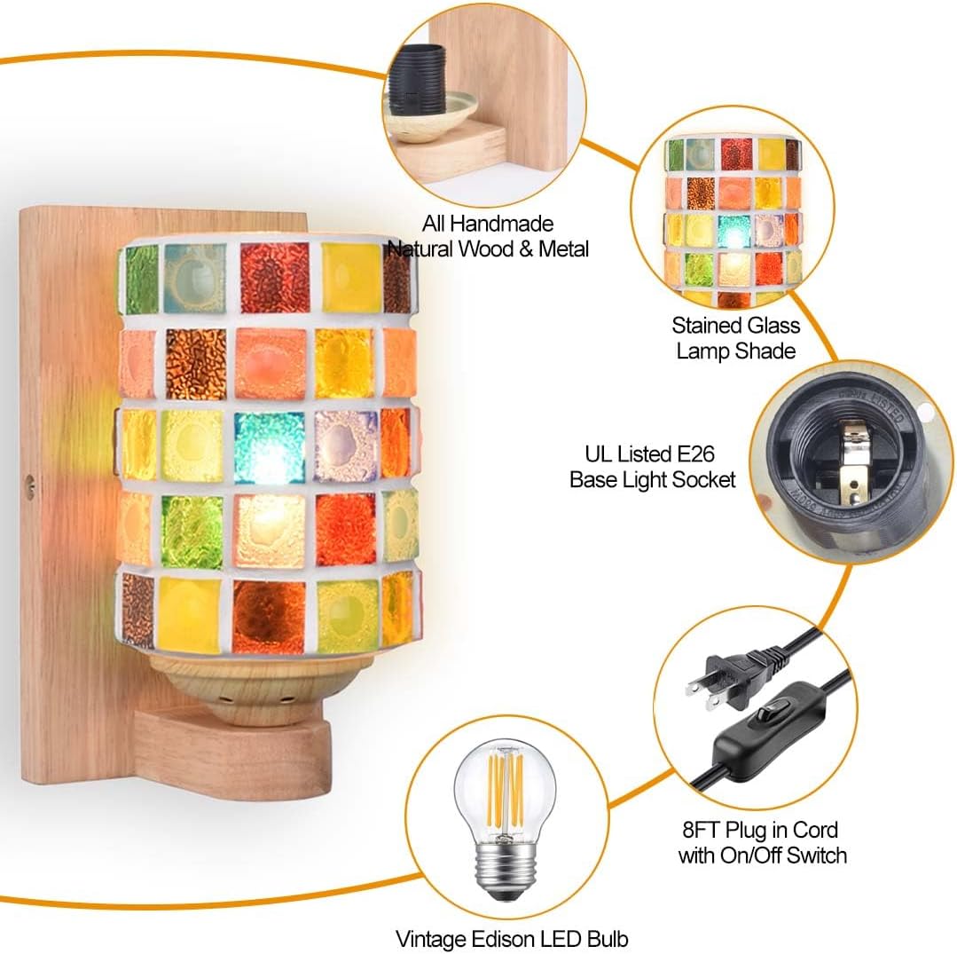 Bedside Colored Mosaic Glass Wall Sconce, Handmade Mediterranean Bohemian Turkish Moroccan Wall Lamp Stained Glass Wall Light Fixtures for Bedroom Living Room Hallway Vanity Corridor Bulb Included