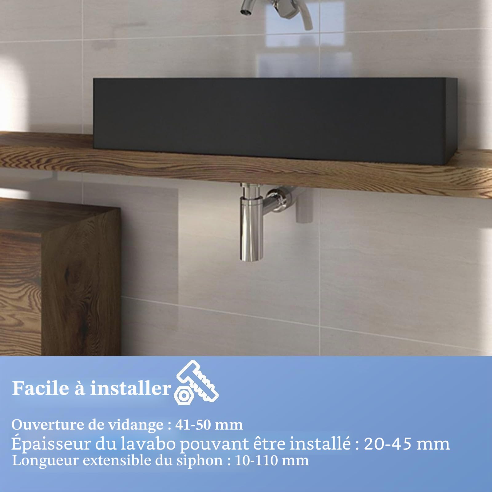 Siphon de Lavabo, Siphon Lavabo Salle De Bain Sans Trop-plein, Réglable Siphon Universel Avec Robinet de Vidange à clapet, Siphon Tubulaire en Zinc Pour Lavabo de Salle de Bain, Chromée