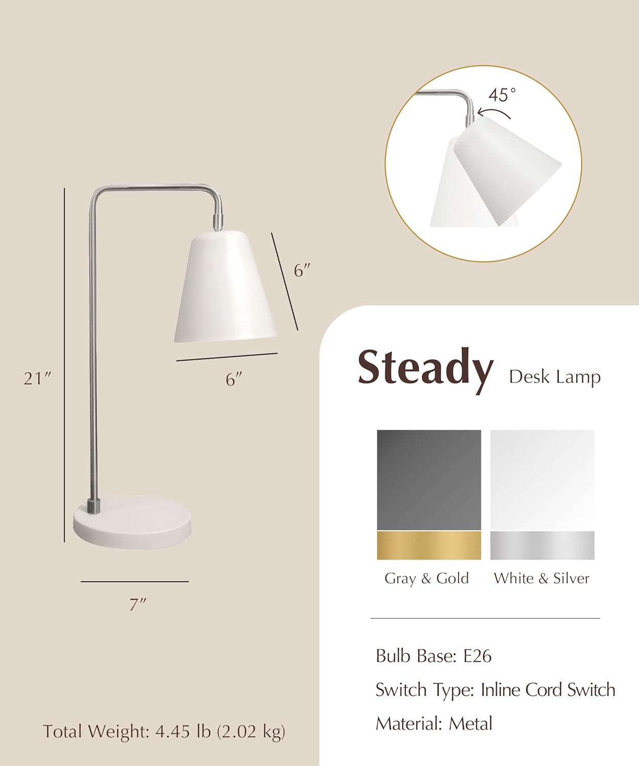 HarvestLand Steady Silver Reading Lamps for Bedside Table – Adjustable Industrial Table Lamp with Solid Base, Lamp for nightstand, Desk Lamp Home Office, Mid Century Modern Reading Lamp Style