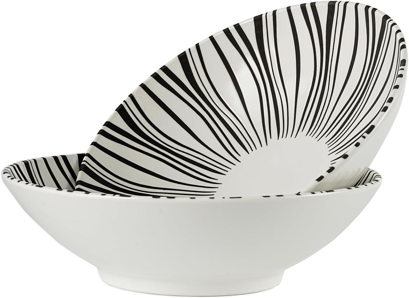 8 Inch Ceramic Bowl Set of 2, Classic Black and White Pasta Bowl,Salad Bowls,Fruit bowl with Embossed Textured Interior, Microwave & Dishwasher Safe, for Ramen, Udon, Pho, Cereal, Serving(White-Lines)