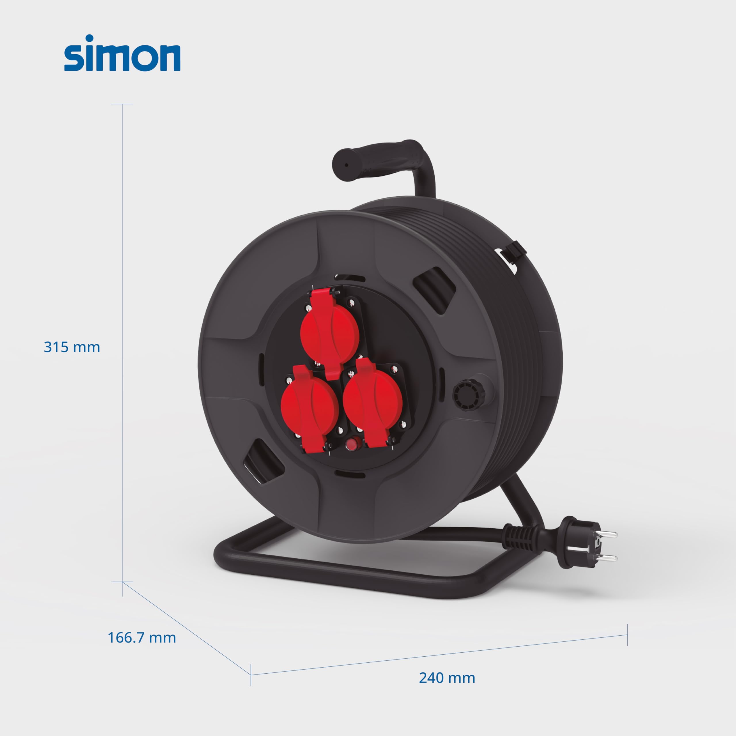 Simon – Extensible Profesional H07RN-F, Alargador Enchufe 3 Tomas IP55, Cable 3G2.5mm² (15m), Enrollacables Resistente para Exteriores, Alargadera Eléctrica, Color Negro y Rojo