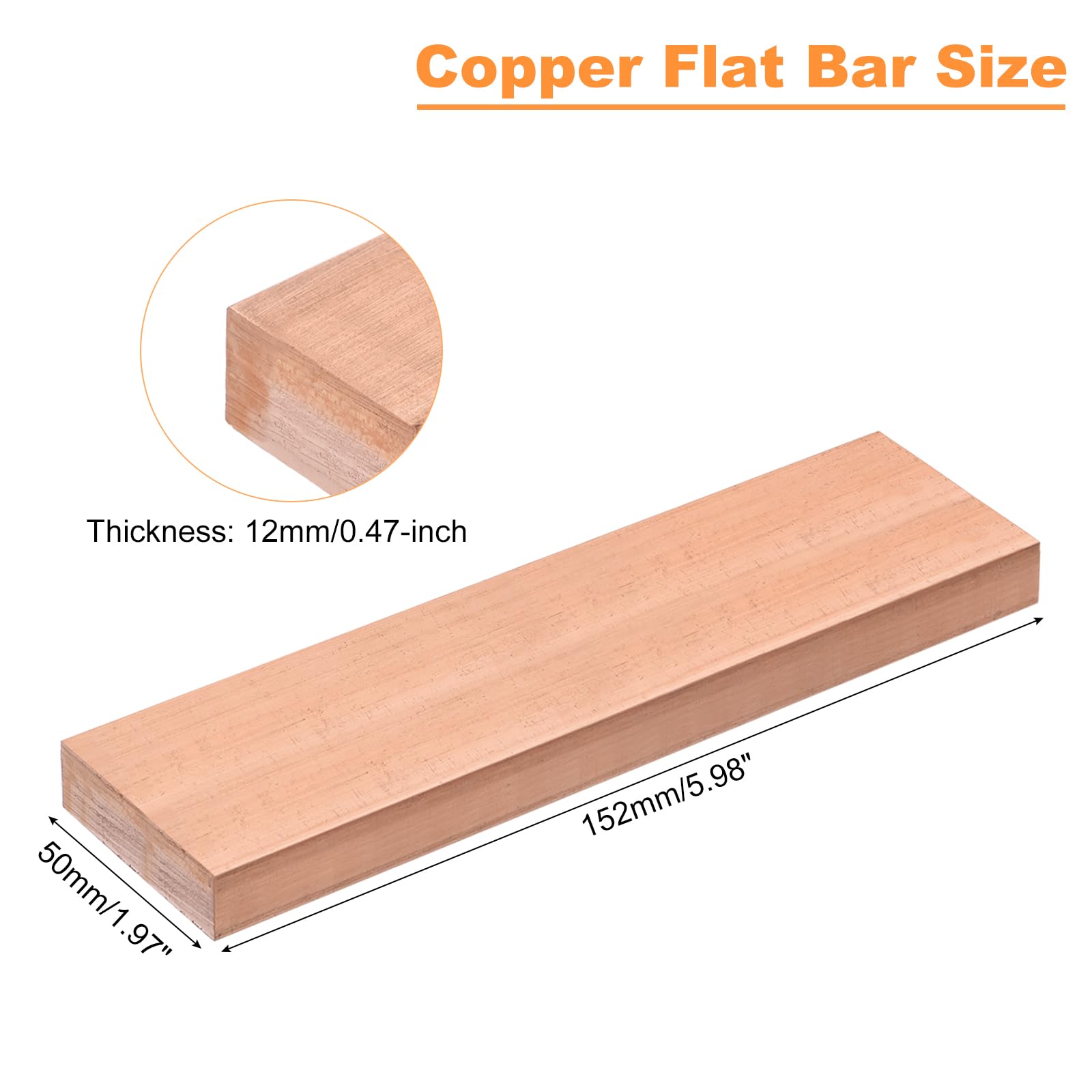 QUARKZMAN Barres en Cuivre 12mm Épaisseur x 50mm Large x 15.2cm Long Barre Plate en Cuivre, Plaque de Base pour L'Électricité (12mm x 50mm x 152mm)